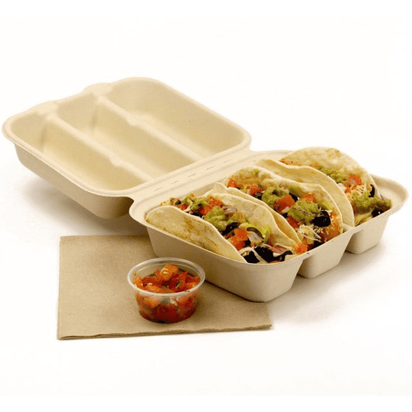 A 3 Compartment Hinged Fiber Taco Box filled with tacos