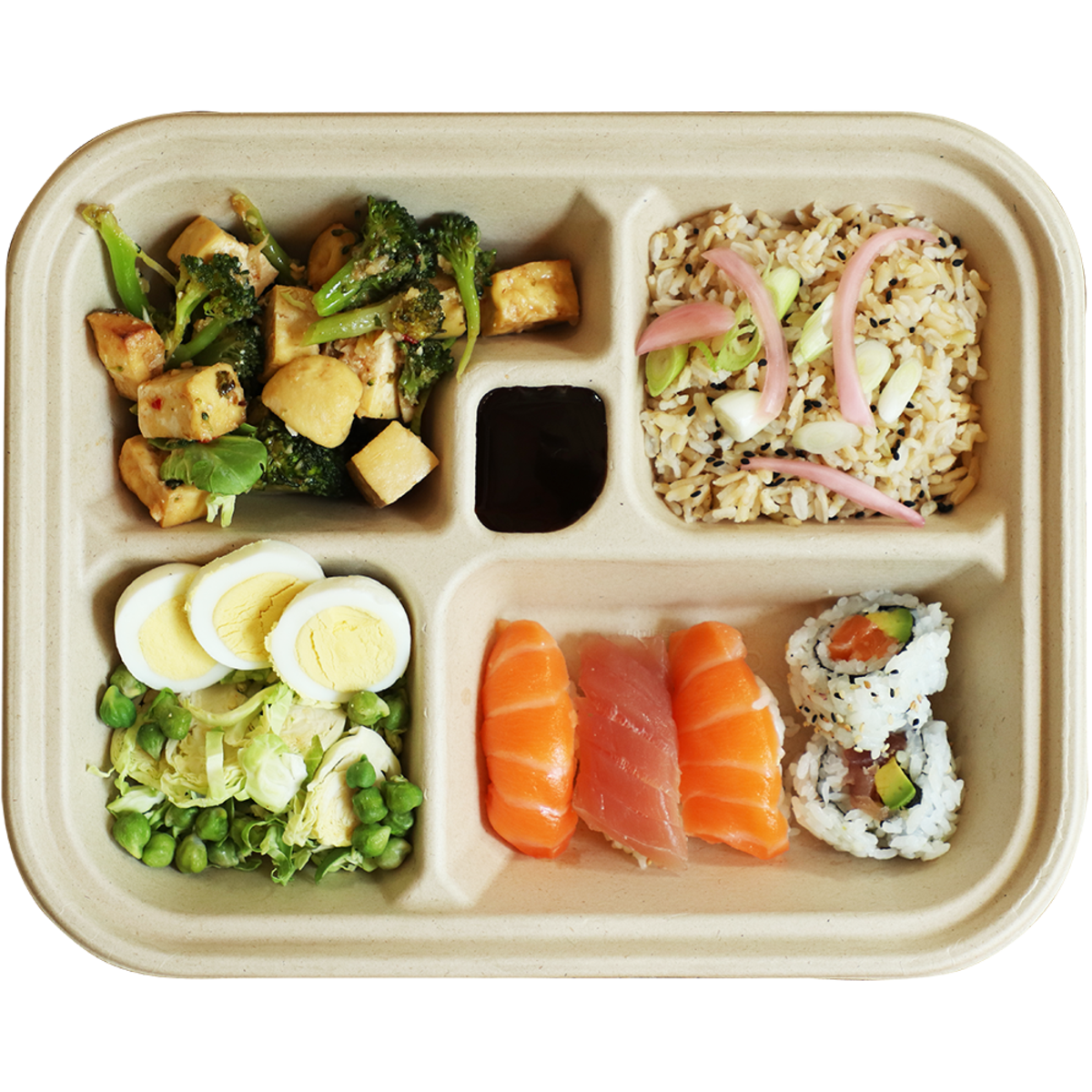 fiber five compartments compostable bento box containing sushi, rice, and vegetables.
